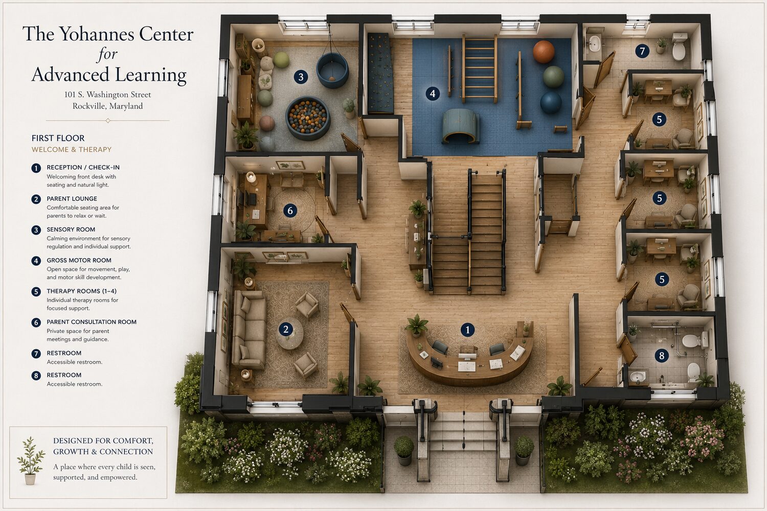 First floor design rendering: reception, parent lounge, sensory room with ball pit, blue-floored gross motor gym with climbing wall and ladder, four therapy rooms, and parent consultation room