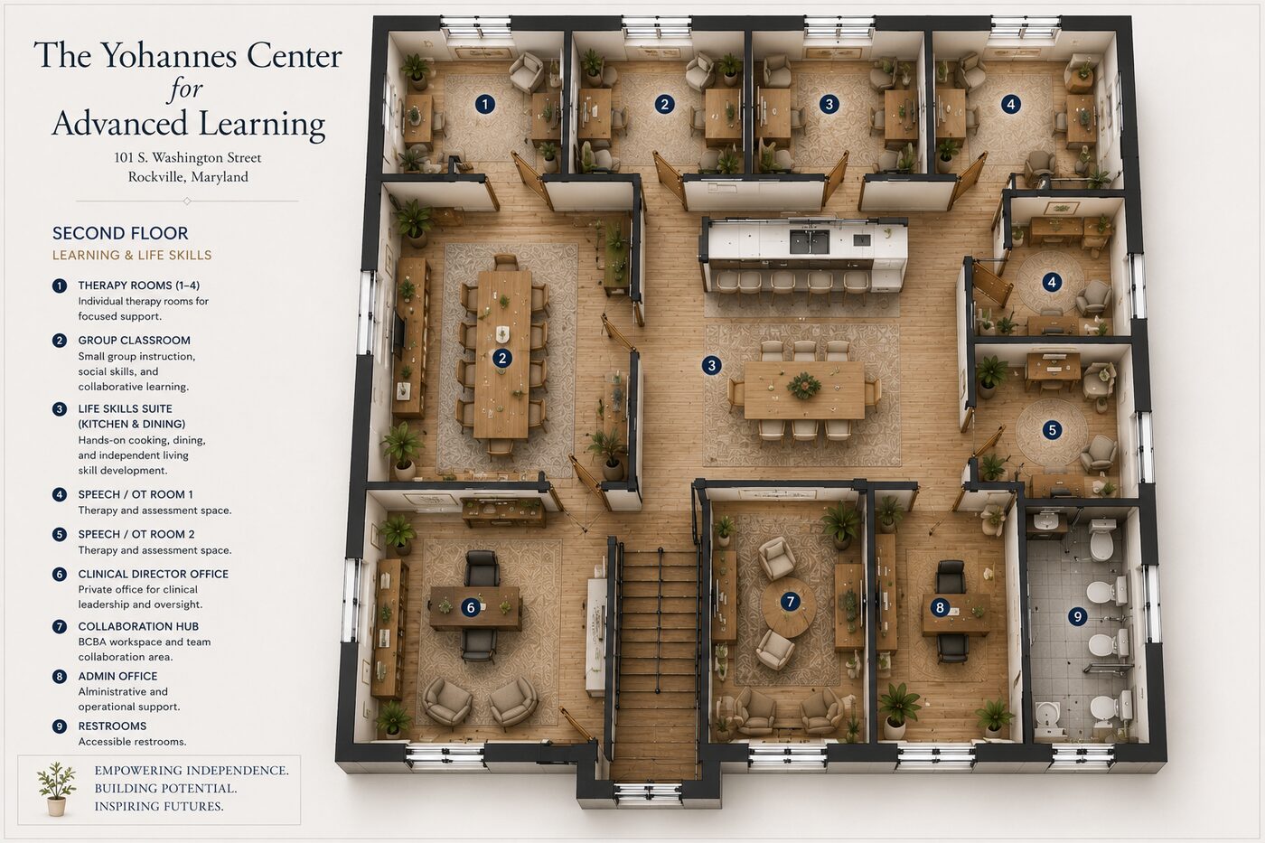 Second floor design rendering: therapy rooms, group classroom, and life-skills kitchen and dining suite