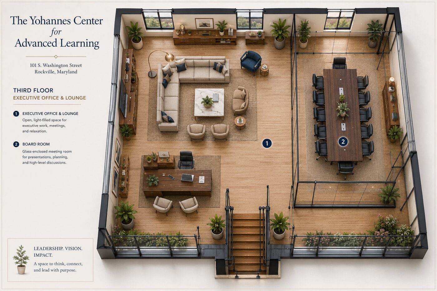 Third floor design rendering: family conference room and executive lounge
