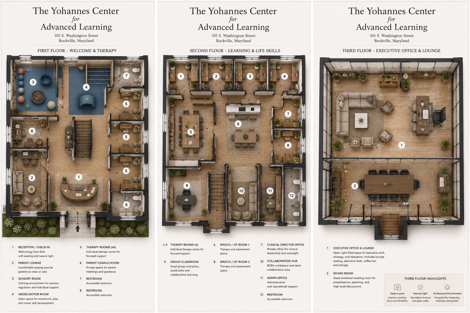 Design renderings of The Yohannes Center's three floors — welcome and therapy, learning and life skills, and family and leadership spaces